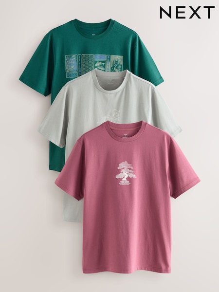 Blue/Green/Pink Graphic Print T-Shirt 3 Pack (H51482) | £44