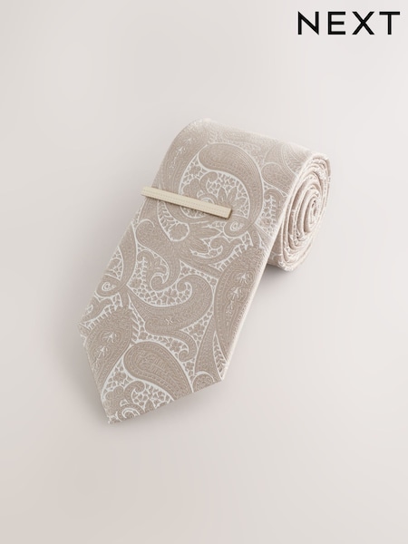 Neutral Paisley Tie With Tie Clip (H51493) | £16