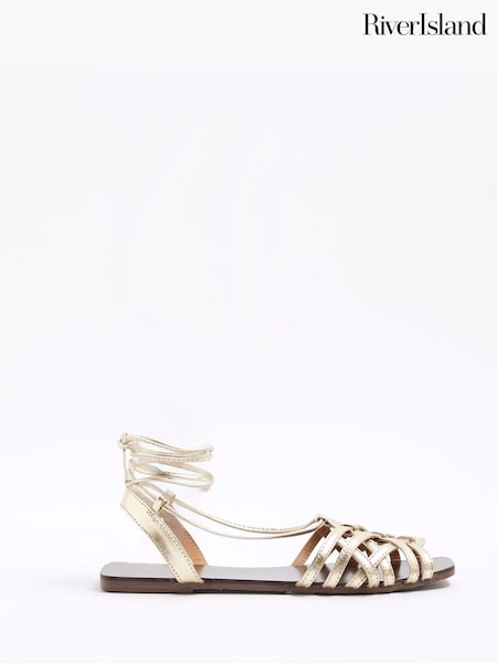 River Island Gold Wide Fit Caged Tie Up  Sandals (H51531) | £38
