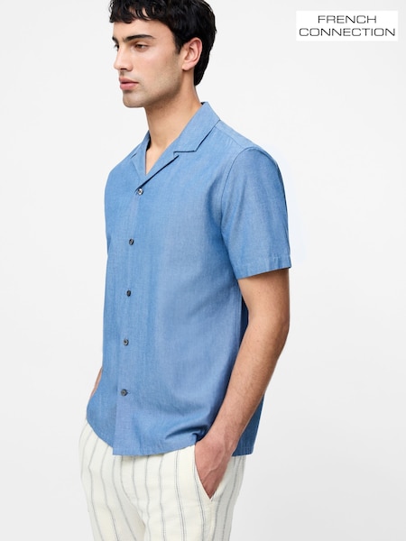 French Connection Blue 100% Cotton Denim Style Revere Short Sleeve Shirt (H51619) | £40