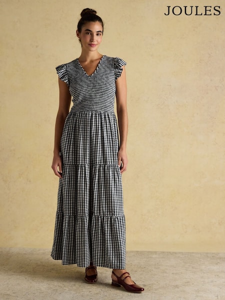 Esme Black Gingham Shirred Midi Dress (H51685) | £49