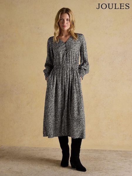 Joules Adele Black V-Neck Elbow Length Sleeve Midi Dress (H51686) | £55