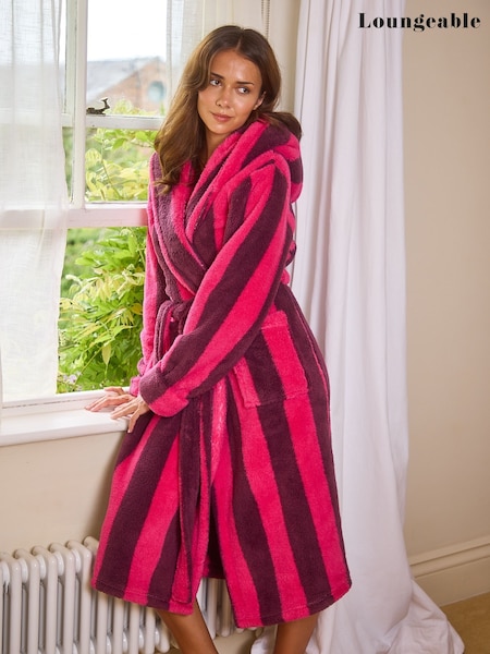 Loungeable Purple Chunky Sherpa Stripe Maxi Hooded Dressing Gown (H51831) | £34