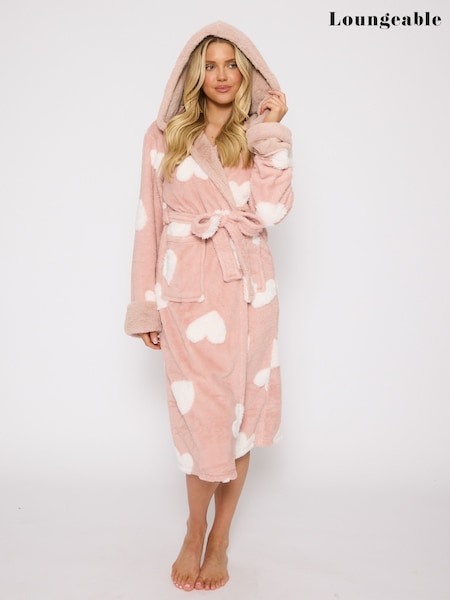 Loungeable Pink Jaquard Heart Midi Hooded Dressing Gown (H51834) | £36