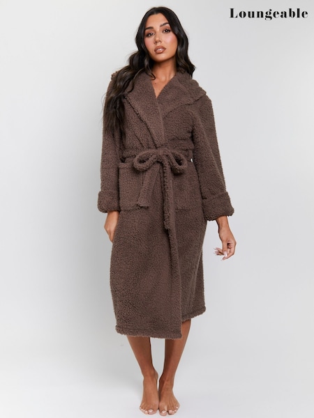Loungeable Brown Chunky Sherpa Hooded Midi Dressing Gown (H51836) | £34