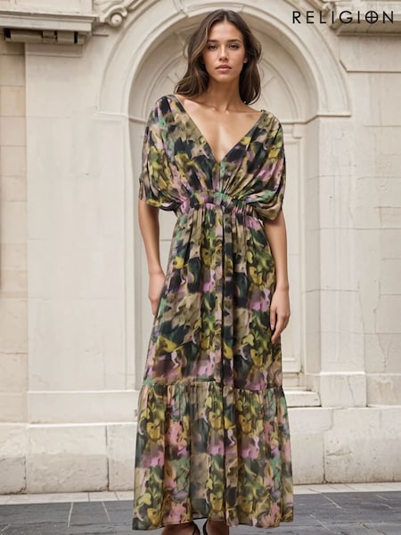 Religion Yellow Sunny Maxi Boho Dress With Tiered Skirt In Obscure Floral Print Dress (H51904) | £115