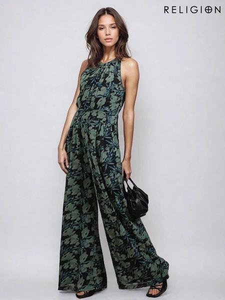 Religion Green Crew Halterneck Floral Print 100% Cotton Jumpsuit (H51913) | £85
