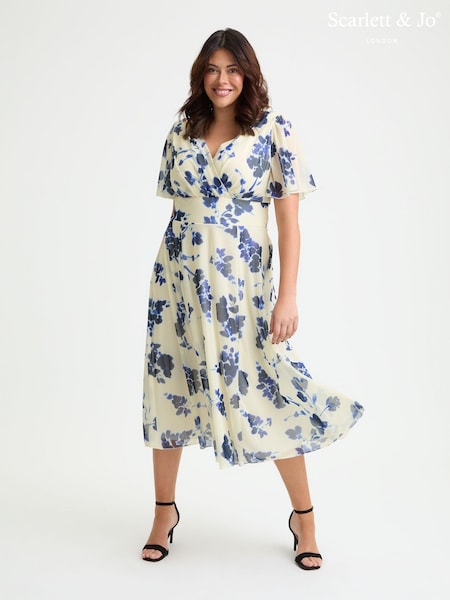 Scarlett & Jo Cream Blue Victoria Angel Sleeve Mesh Long Midi Dress (H51915) | £85