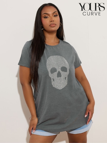 Yours Curve Grey Skull Diamante T-Shirt (H51929) | £24