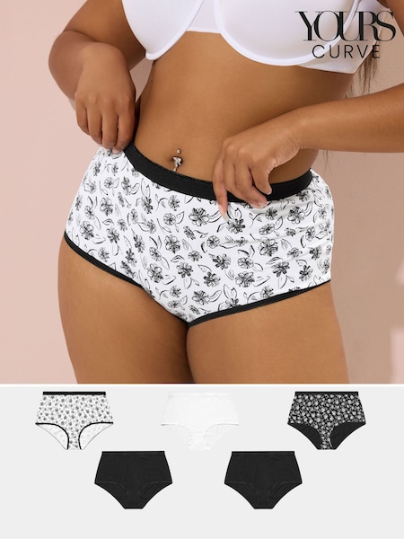 Yours Curve Black Mono Floral Print Full Briefs 5 Pack Knickers (H51938) | £20