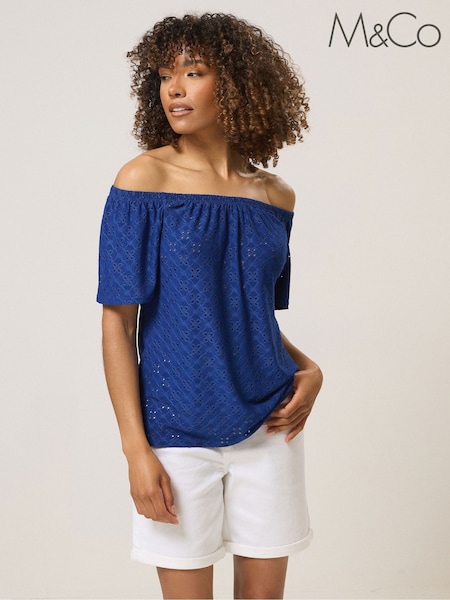 M&Co Blue Broderie Bardot Top (H51940) | £28
