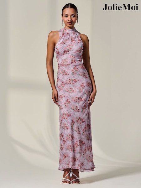 Jolie Moi Pink Chiffon Halter Neck Maxi Dress (H51994) | £75