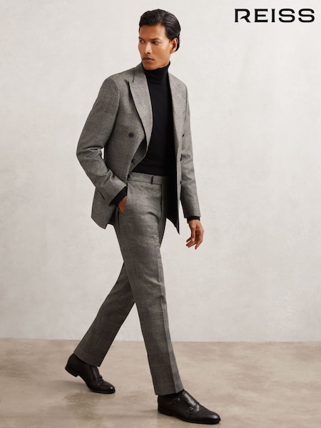 Reiss Charcoal Grey Jenson Wool Tailored-Fit Check Suit Trousers (H52009) | £168