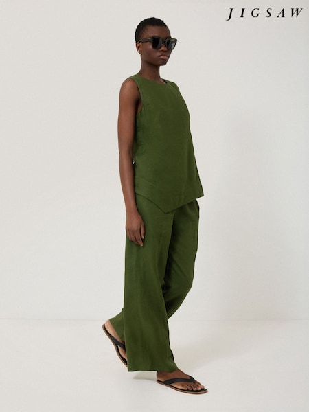 Jigsaw Green 100% Linen Wide Leg Trousers (H52119) | £110
