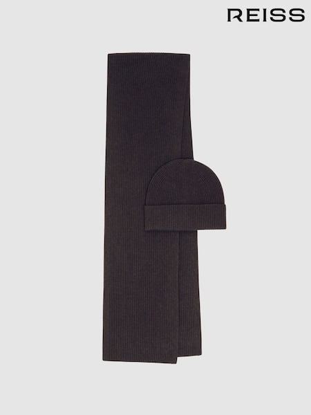 Reiss Chocolate Brown Chesterfield Gs Merino Wool Scarf and Beanie Gift Set (H52202) | £110
