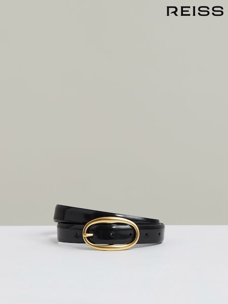 Reiss Navy Drew Patent Leather Oval Buckle Belt (H52218) | £58