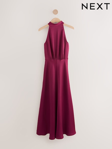 Burgundy Red Textured Satin Halter Sleeveless Midi Dress (H52469) | £55