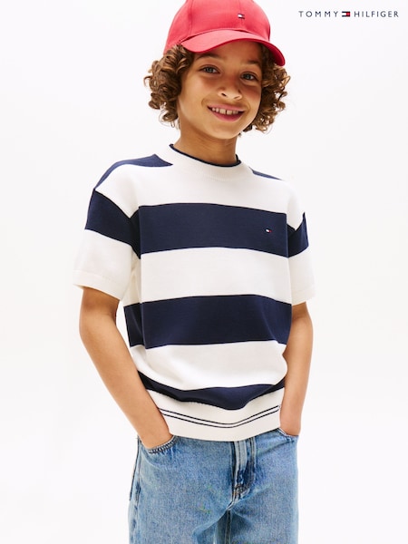 Tommy Hilfiger Blue Rugby Stripe Short Sleeve Jumper (H52526) | £45 - £55