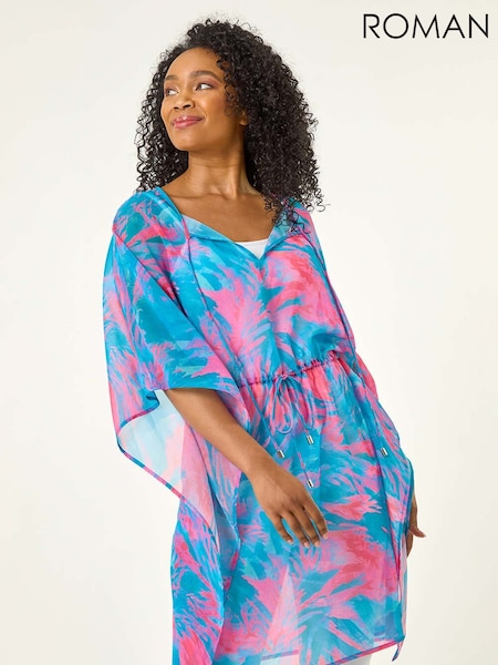 Roman Blue Petite Abstract Tie Waist Cover-Up Blouse (H52534) | £42