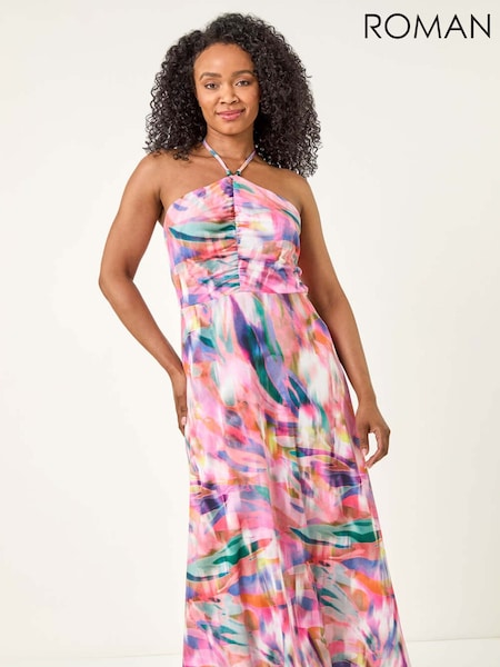 Roman Pink Petite Abstract Gathered Halter Midi Dress (H52540) | £50