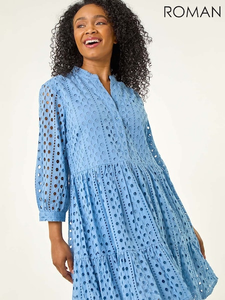 Roman Blue Petite Broderie Tiered Dress (H52541) | £55