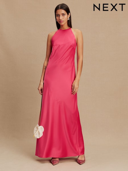 Raspberry Pink Bridesmaids Satin Halterneck Maxi Dress (H52597) | £62