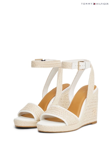 Tommy Hilfiger ECRU Natural Monogram 100% Linen Rope Wedge Sandals (H52612) | £100