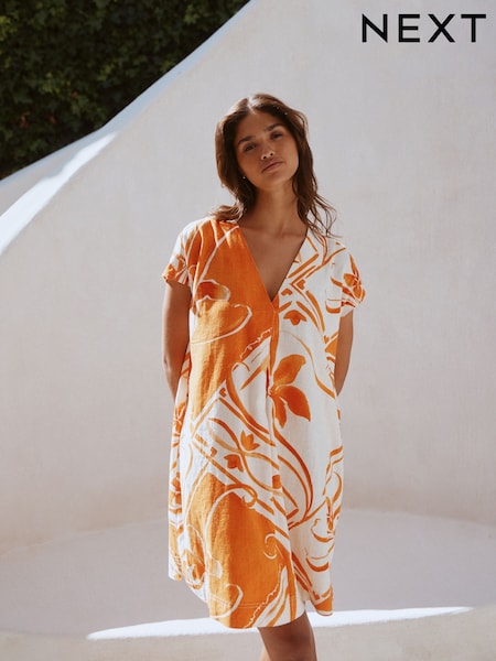 Orange Tile Print Mini Short Sleeve V-Neck Kaftan Dress with Linen (H52625) | £31