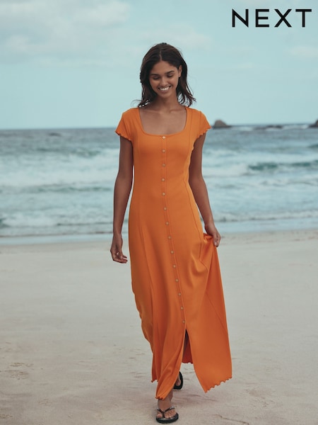 Orange Short Sleeve Jersey Button Through Maxi Dress (H52633) | £28