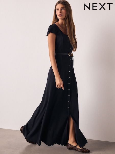 Navy Blue Short Sleeve Jersey Button Through Maxi Dress (H52638) | £28