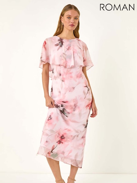 Roman Pink Floral Print Frill Chiffon Cape Midi Dress (H52656) | £70