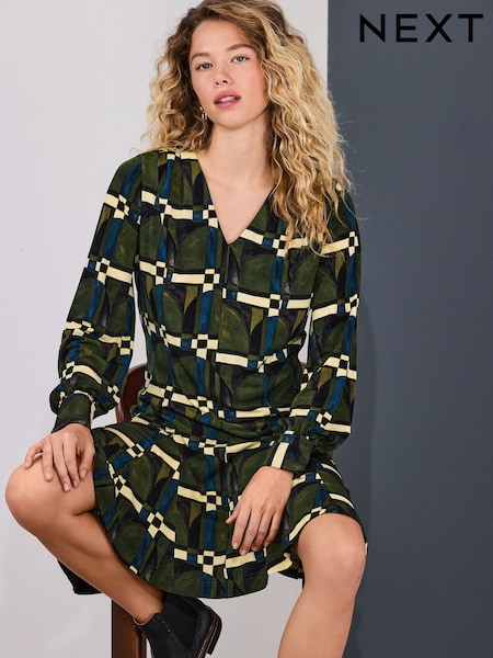 Green Geo Print Long Sleeve A-Line Mini Dress (H52688) | £35