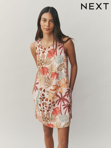 Multi Palm Print / Blue Stripe Square Neck Shift Mini Dress with Linen (H52699) | £49