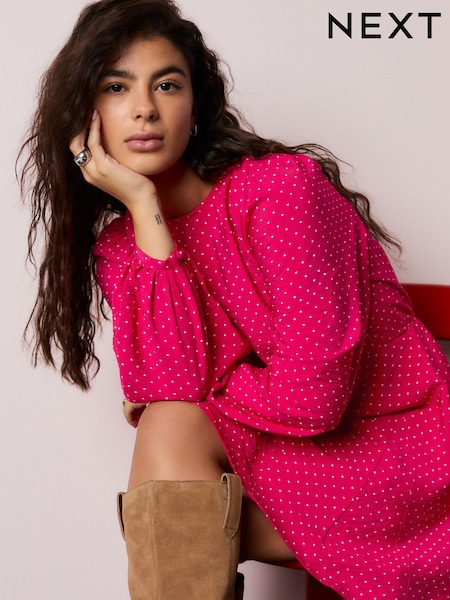 Pink Heart Print Mini Long Sleeve A-Line Seam Detail Dress (H52702) | £26