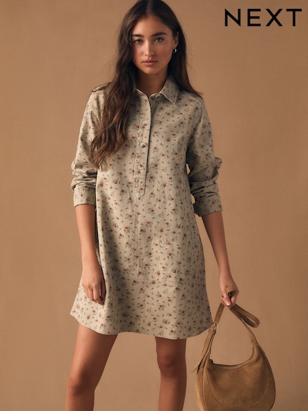 Neutral Floral Long Sleeve Cotton Twill Overhead Shirt Dress (H52704) | £38