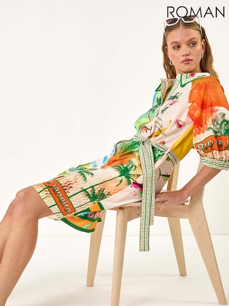Roman White Landscape Print Tie Waist Shirt Dress (H52742) | £50