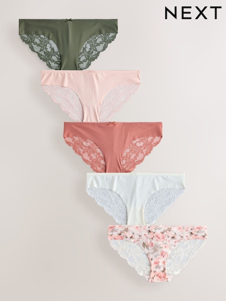 Sage Green Brazilian No VPL Lace Back Briefs 5 Pack (H52825) | £25