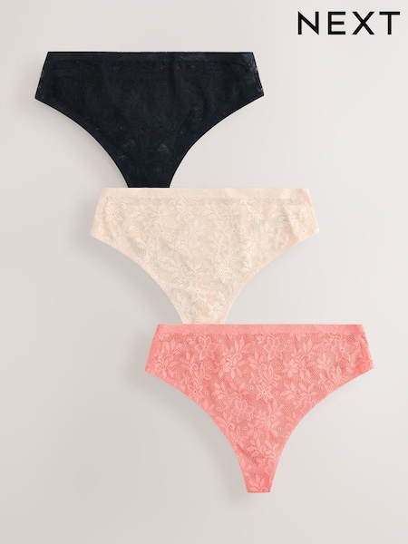 Black/Cream/Coral Pink Thong Stoma All Over Lace No VPL Knickers 3 Pack (H52835) | £20