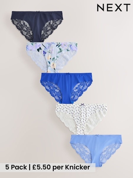 Blue Floral - Lace Back No Vpl Invisible Knickers 5 Pack