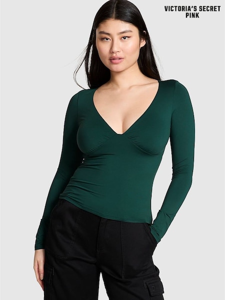 Victoria's Secret PINK Deep Forest Green Ruched Long Sleeve Stretch T-Shirt (H52995) | £30