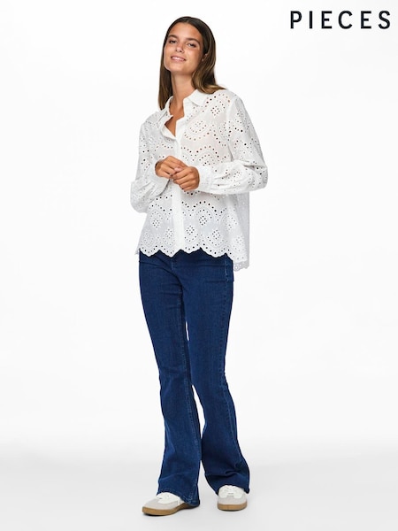 PIECES White Long Sleeve Broderie Shirt (H53159) | £35