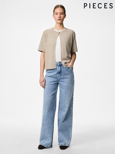 PIECES Natural Short Sleeve Round Neck Knitted Cardigan (H53163) | £26