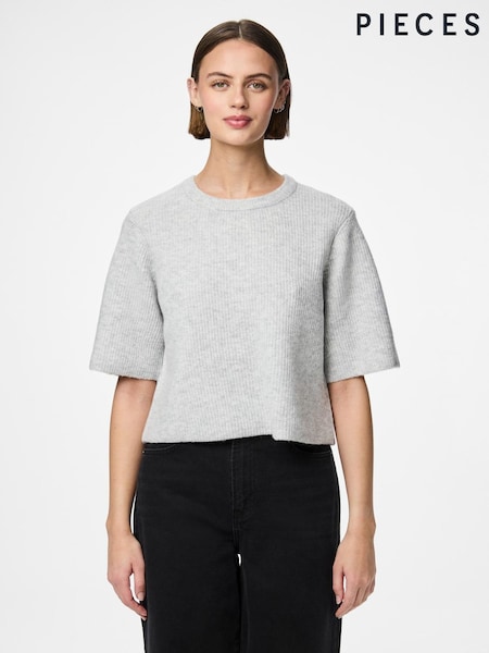 PIECES Grey Short Sleeve Round Neck Knitted Top (H53165) | £30