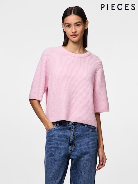 PIECES Pink Short Sleeve Round Neck Knitted Top (H53167) | £30
