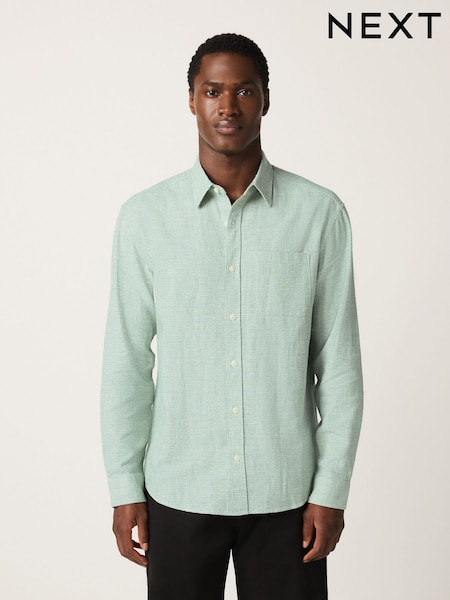 Green Standard Collar Cotton Linen Blend Long Sleeve Shirt (H53174) | £35