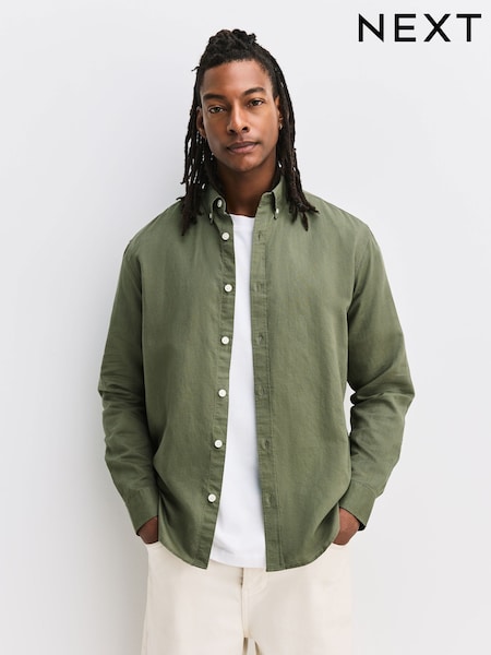 Green Cotton Linen Blend Short Sleeve Shirt (H53183) | £35
