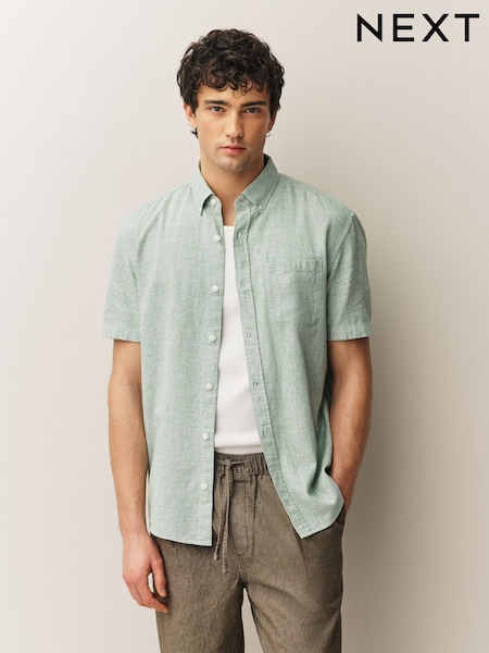 Green Standard Collar Cotton Linen Blend Short Sleeve Shirt (H53281) | £32