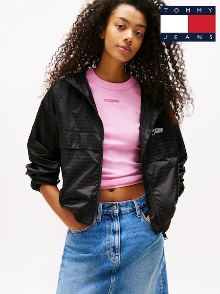 Tommy Jeans Black Repeat Logo Water Repellent Jacquard Windbreaker Jacket (H53304) | £120