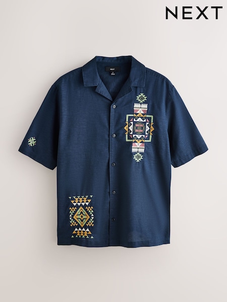 Navy Textured Embroidered Navajo Style Short Sleeve Shirt (H53342) | £38