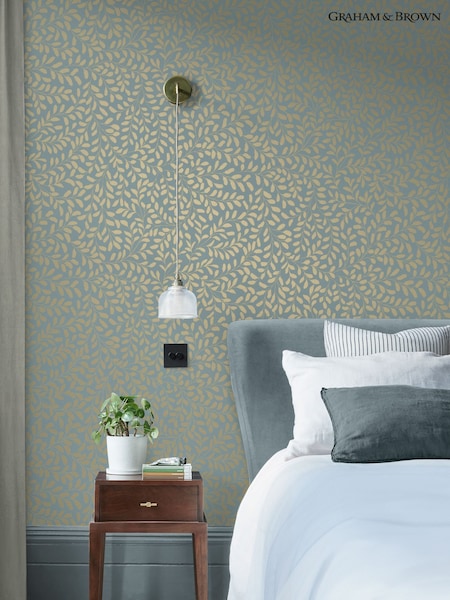Graham & Brown Sky Blue & Pale Gold Gilded Leaf 10M Wallpaper (H53367) | £95